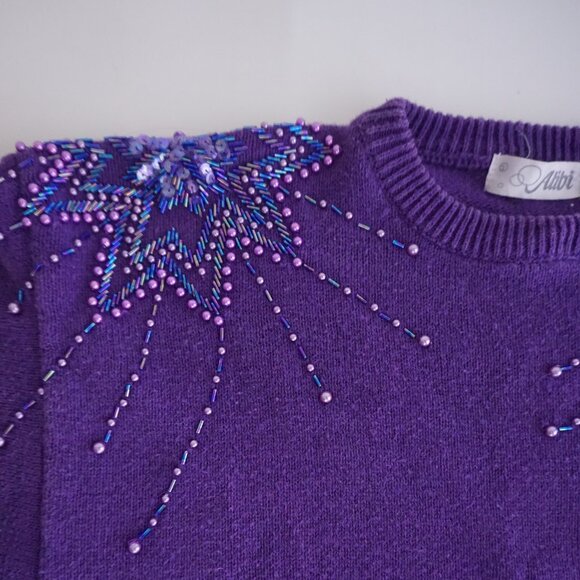 Vintage Alibi Beaded Sweater Purple 80s Whimsigoth Statement Glam S - Picture 8 of 10